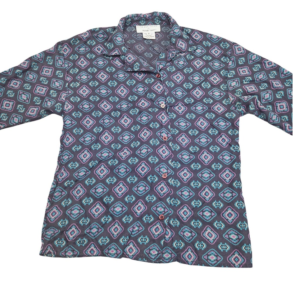 Michelle Stuart Collections Shirt Women Size 4 Blue Geometric Retro Vintage 90s